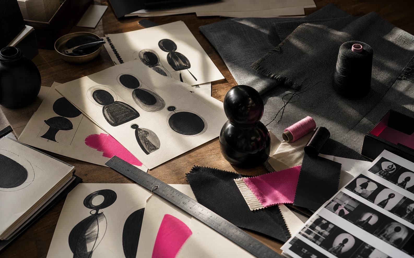 Harmoni sketches, materials and object studies on the studio table